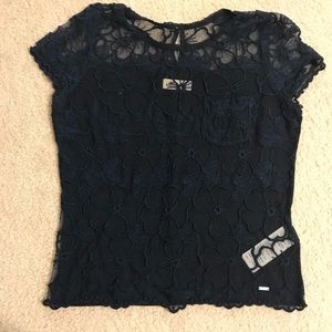Navy blue see-through floral short sleeve top